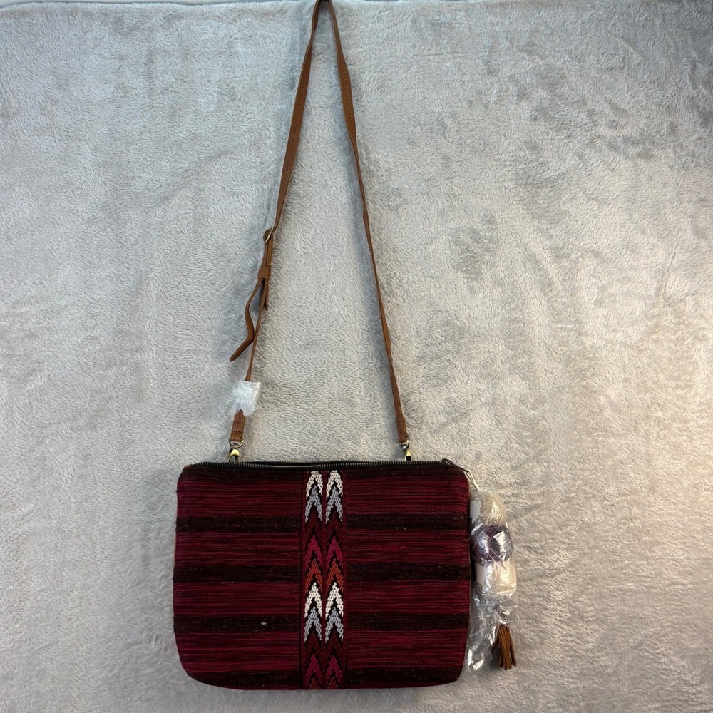 Mercado Global Women's Crossbody Bag Ruby Red Woven Striped Cotton NWT‎